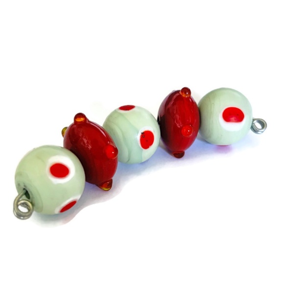 As Low As $2 Light Mint & Brick Red Handmade Lampwork Artisan Rondelle Beads (5) - Picture 2 of 2